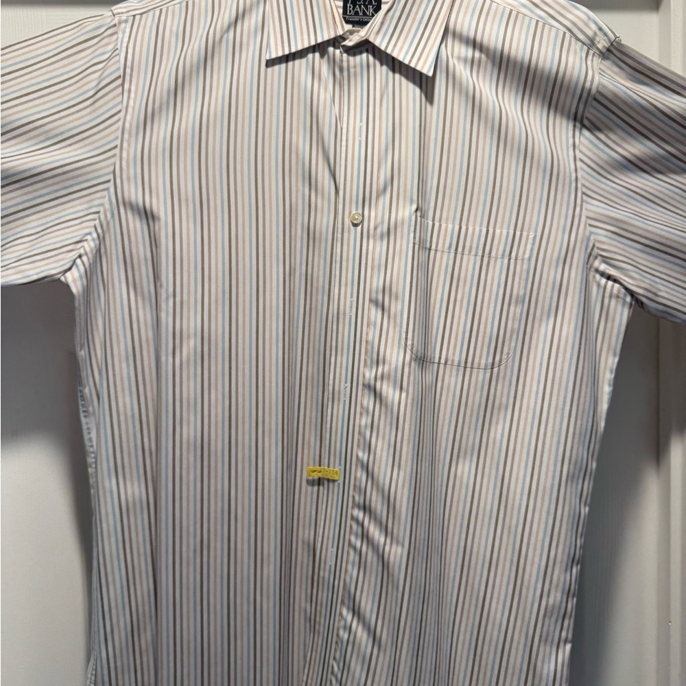 Jo’s.A.Ban Men’s Long-Sleeve Stripe Dress Shirt in White, Blue & Tan